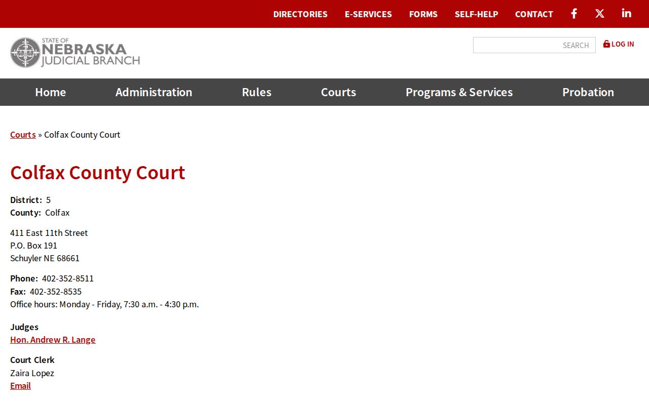 Nebraska Judicial Branch Colfax County Court contact panel