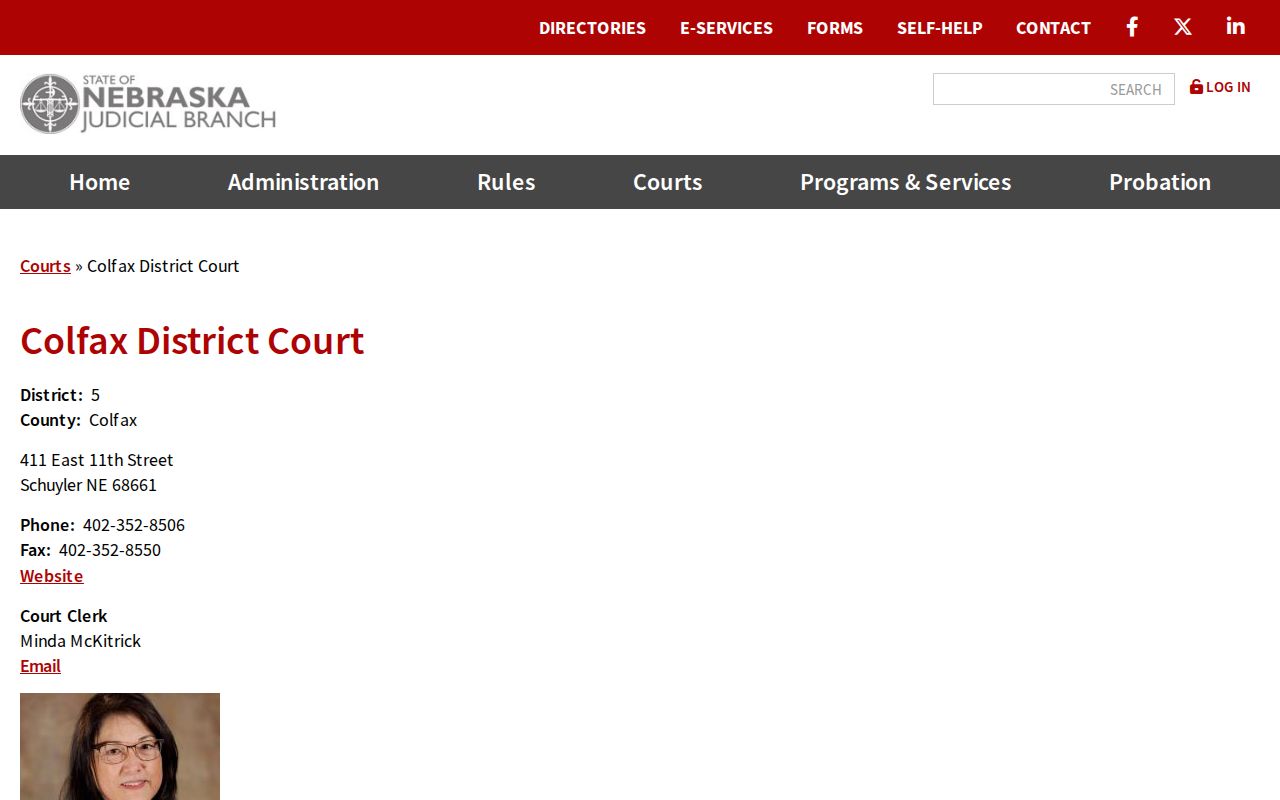 Nebraska Judicial Branch Colfax District Court contact page