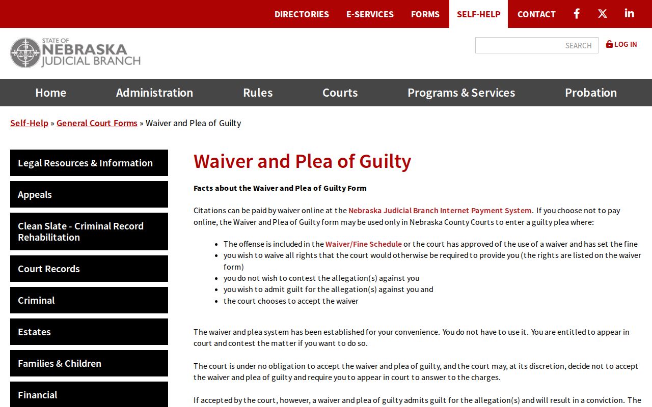 Nebraska official traffic waiver and plea guidance