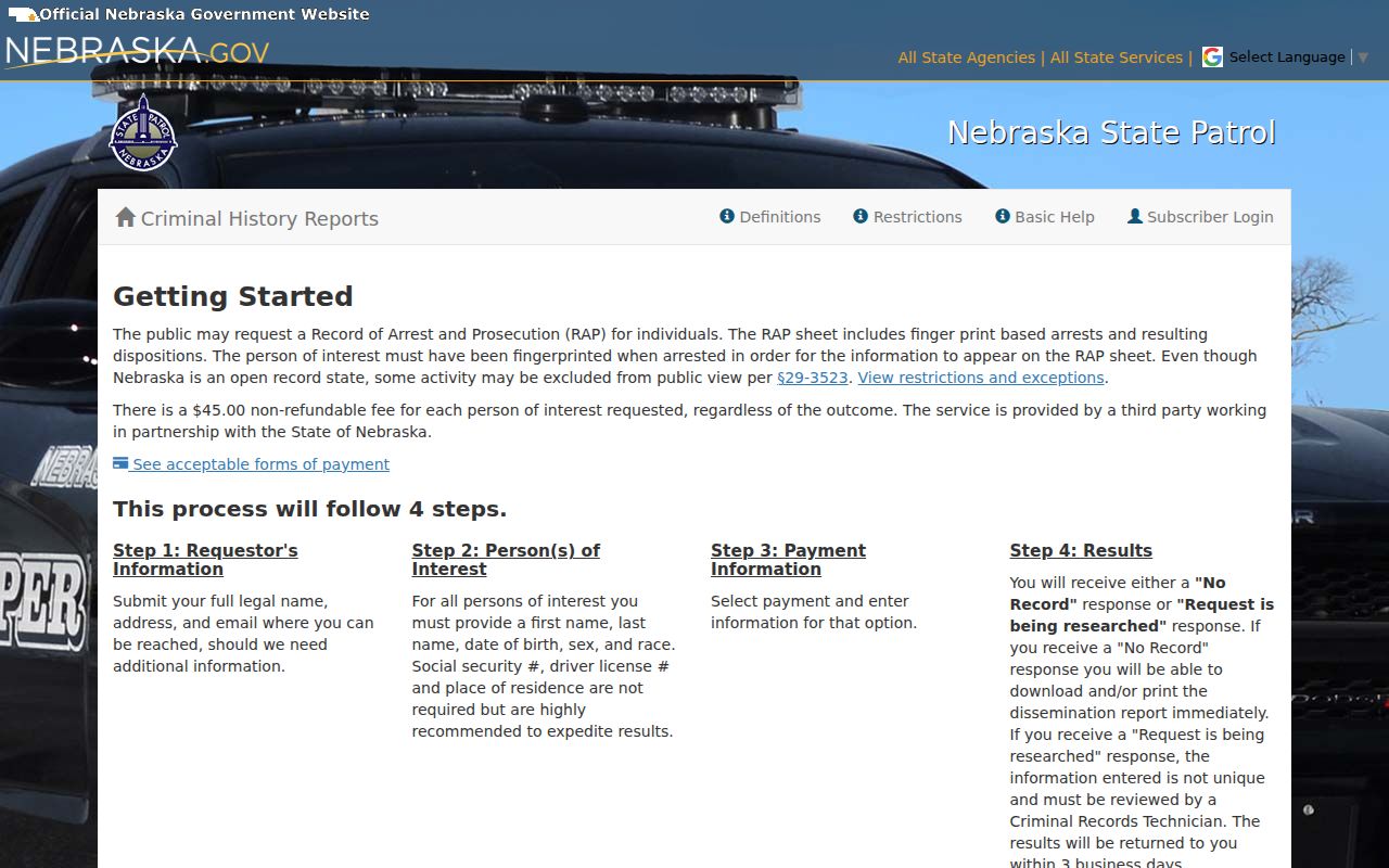 Nebraska State Patrol RAP search information