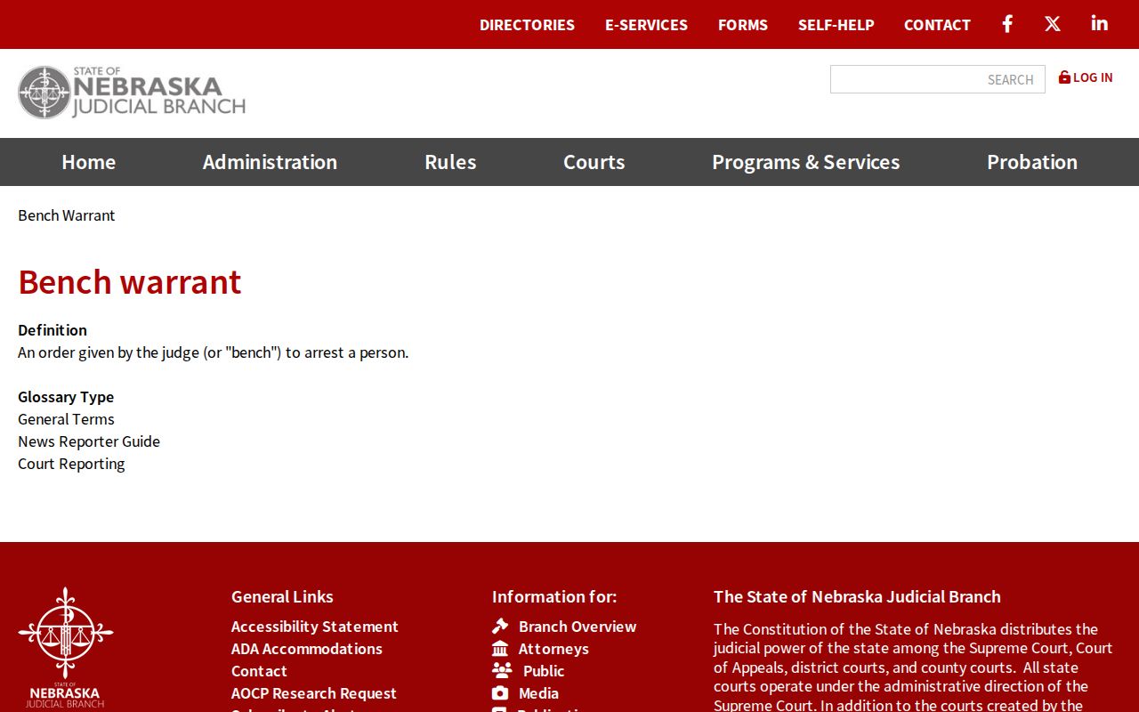 Nebraska Judicial Branch bench warrant definition page