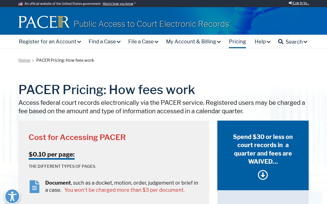 Official PACER federal docket access and fee information