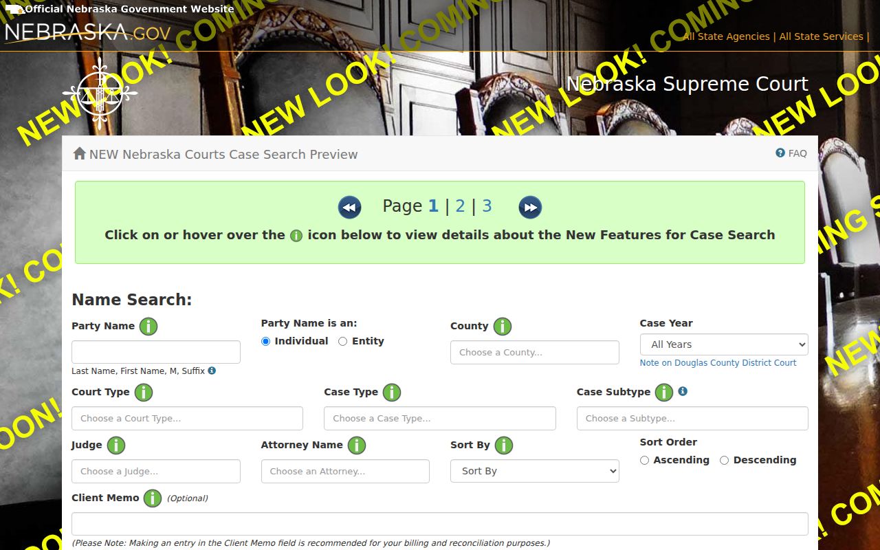Nebraska JUSTICE demonstration showing court search fields
