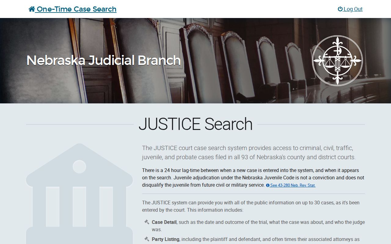 Official Nebraska JUSTICE court case search landing page