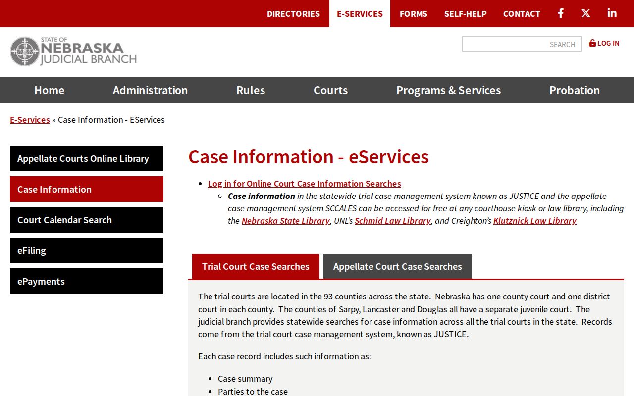 Nebraska statewide court case-search access information